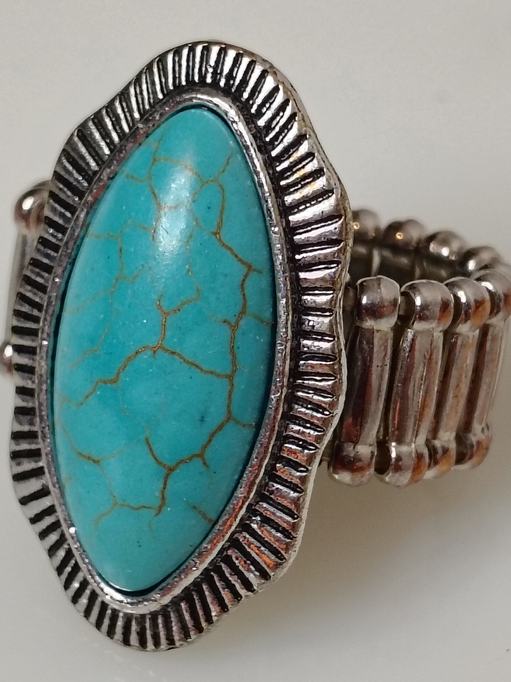 Turquoise Stone Look Stretch Ring - Silver Tone
